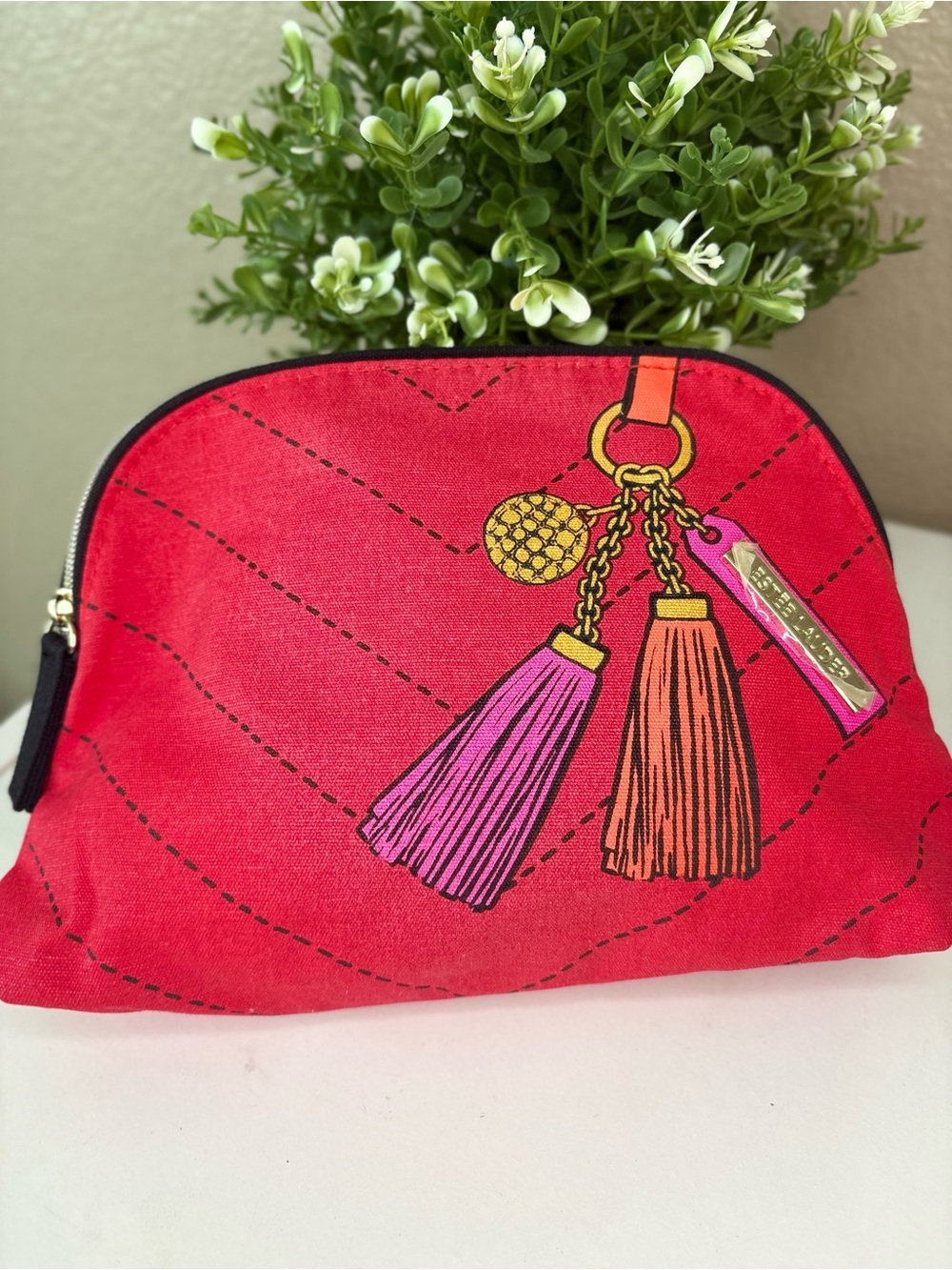 Estee Lauder Red Cosmetic Pouch with Pink and Orange Tassels